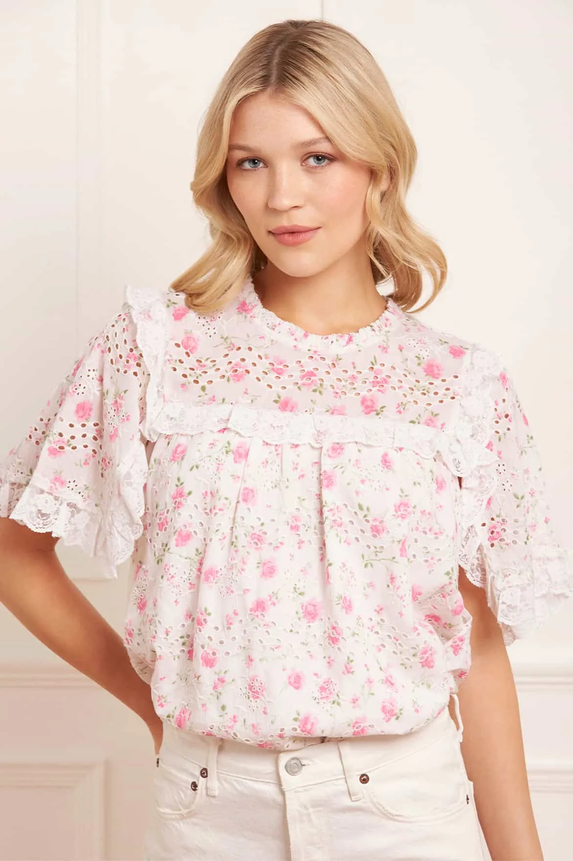 Warm Layer Rose Ditsy Cotton Broderie Top