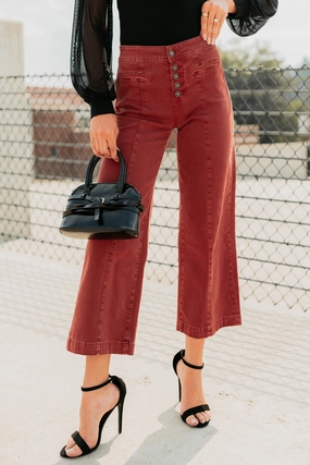 Summer Polo Compact TravelFriendly Design Frances Wide Leg Cropped Mica Denim Jeans (Dark Red)