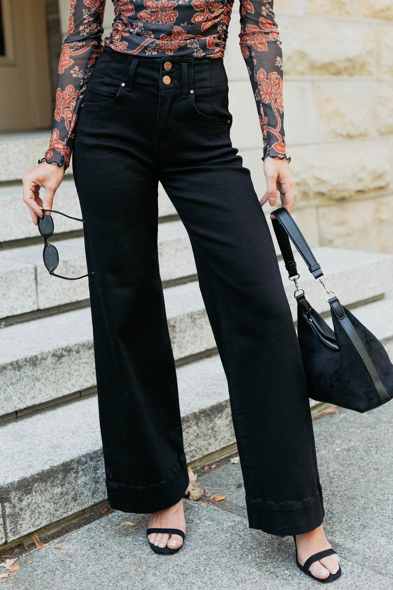 Soft Touch Blend Frederick High Rise Wide Leg Risen Jeans (Black)