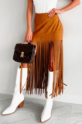 Body Contour Merla Faux Suede Fringe Skirt (Camel)