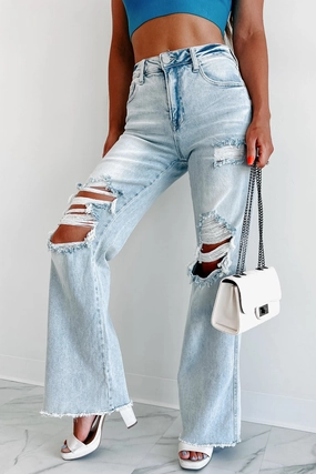 Long Sleeve Tee FadeResistantTechnology Abrielle High Rise Distressed Risen Wide Leg Jeans (Light)