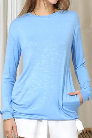 LONG SLEEVE ROUND NECK BASIC TUNIC TOP WITH POCKET FadeResistant