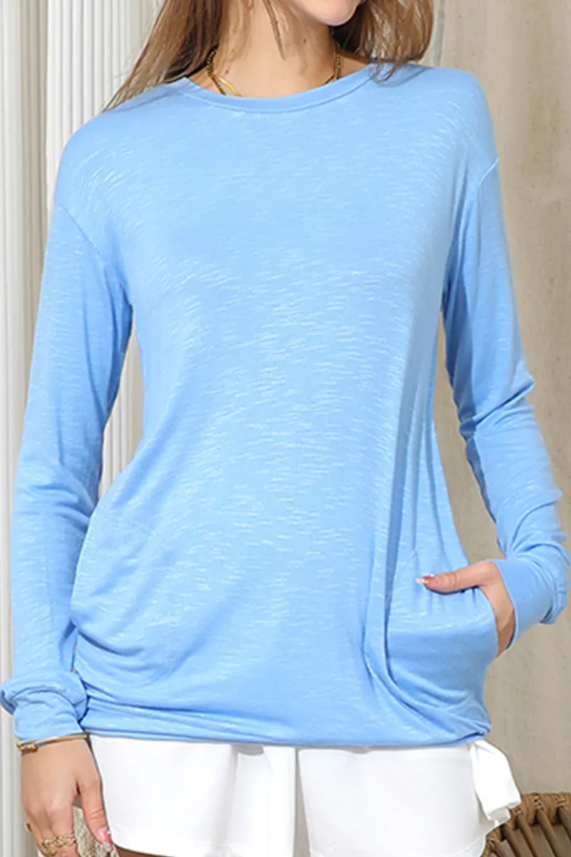 LONG SLEEVE ROUND NECK BASIC TUNIC TOP WITH POCKET Regular Fit