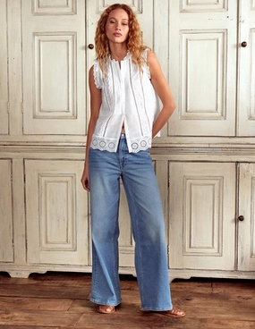 Sleeveless Broderie Top-White BreathableMoistureBarrier Contoured Side Panels