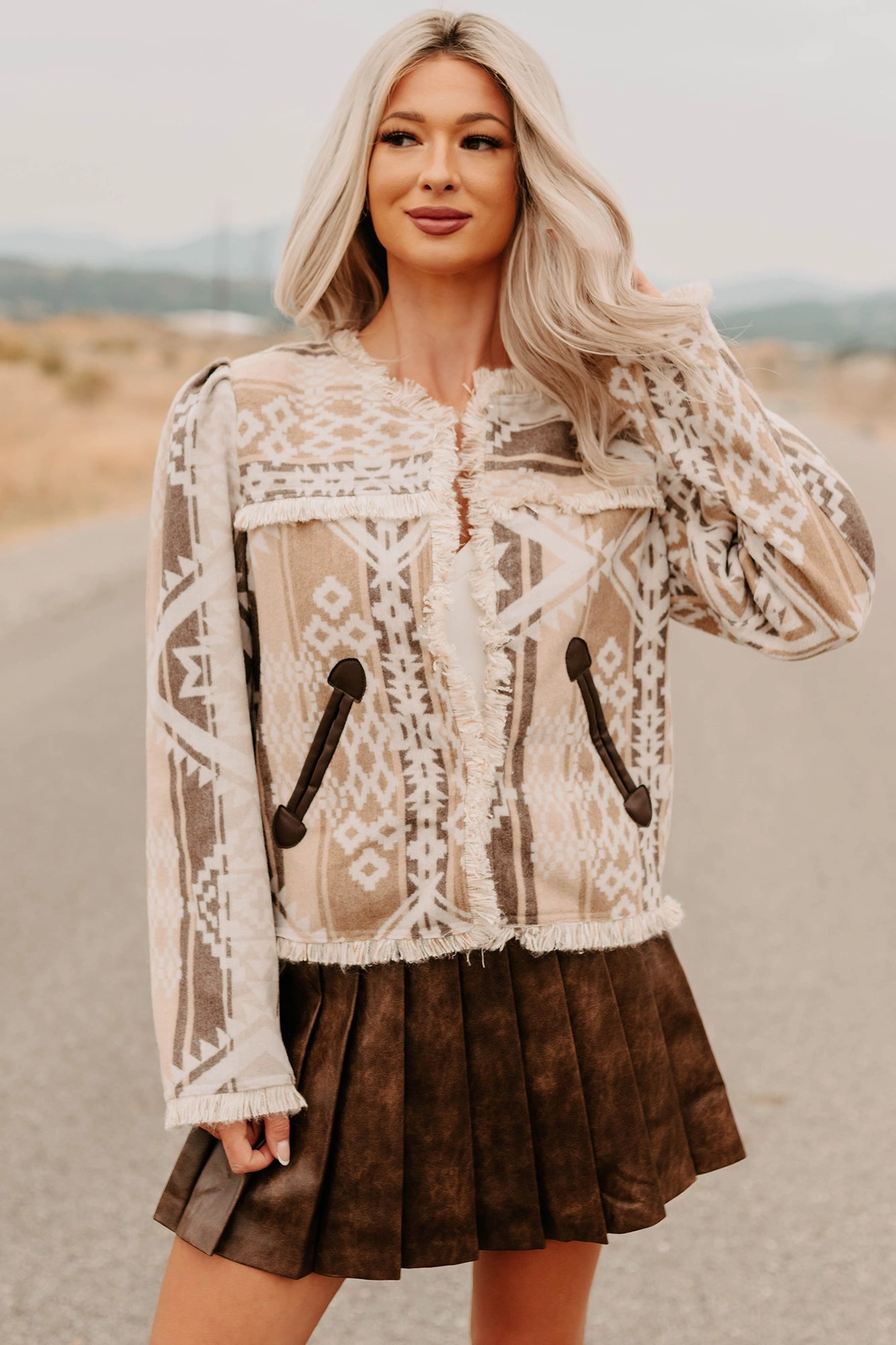 Wander Hour Aztec Style Frayed Jacket (Latte) Opportunity