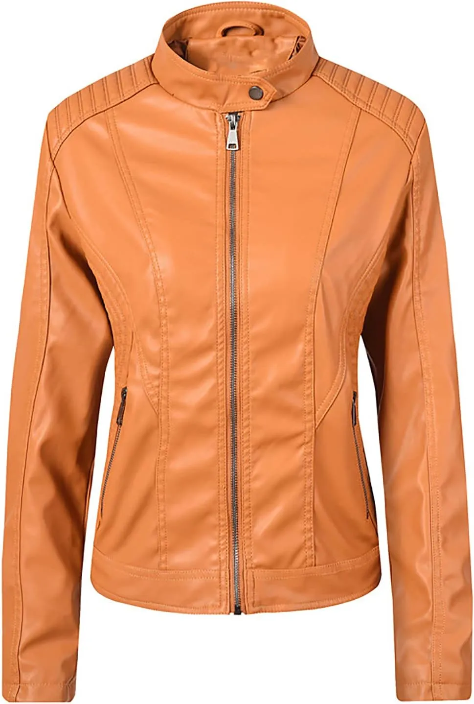 Full Zip Moto Biker Jacket Women Faux Leather Motorcycle Coats Trendy Spring Fall Outerwear with Zipper Pockets