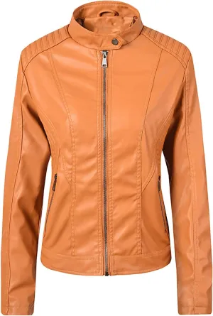 Full Zip Moto Biker Jacket Women Faux Leather Motorcycle Coats Trendy Spring Fall Outerwear with Zipper Pockets
