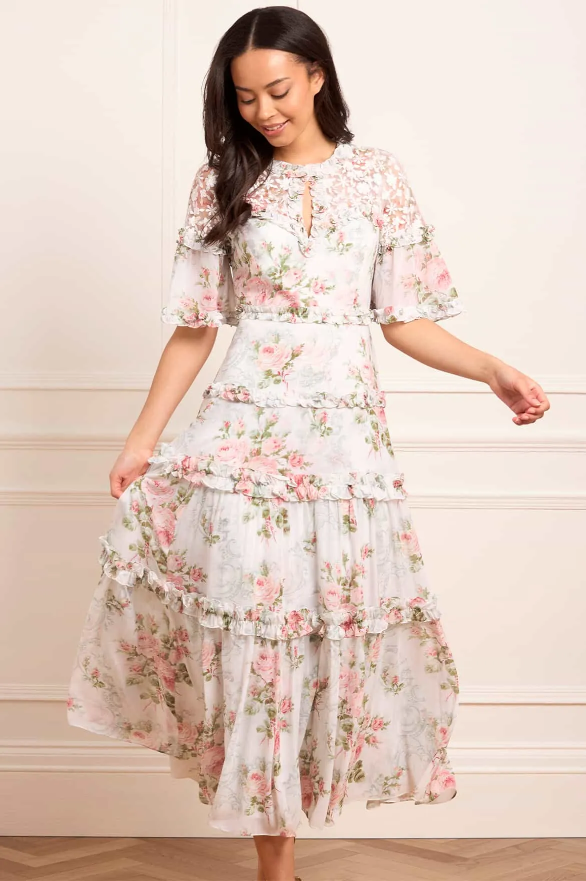 Refined Mood Waist-Cinching Madame Rose Carla Chiffon Ankle Gown