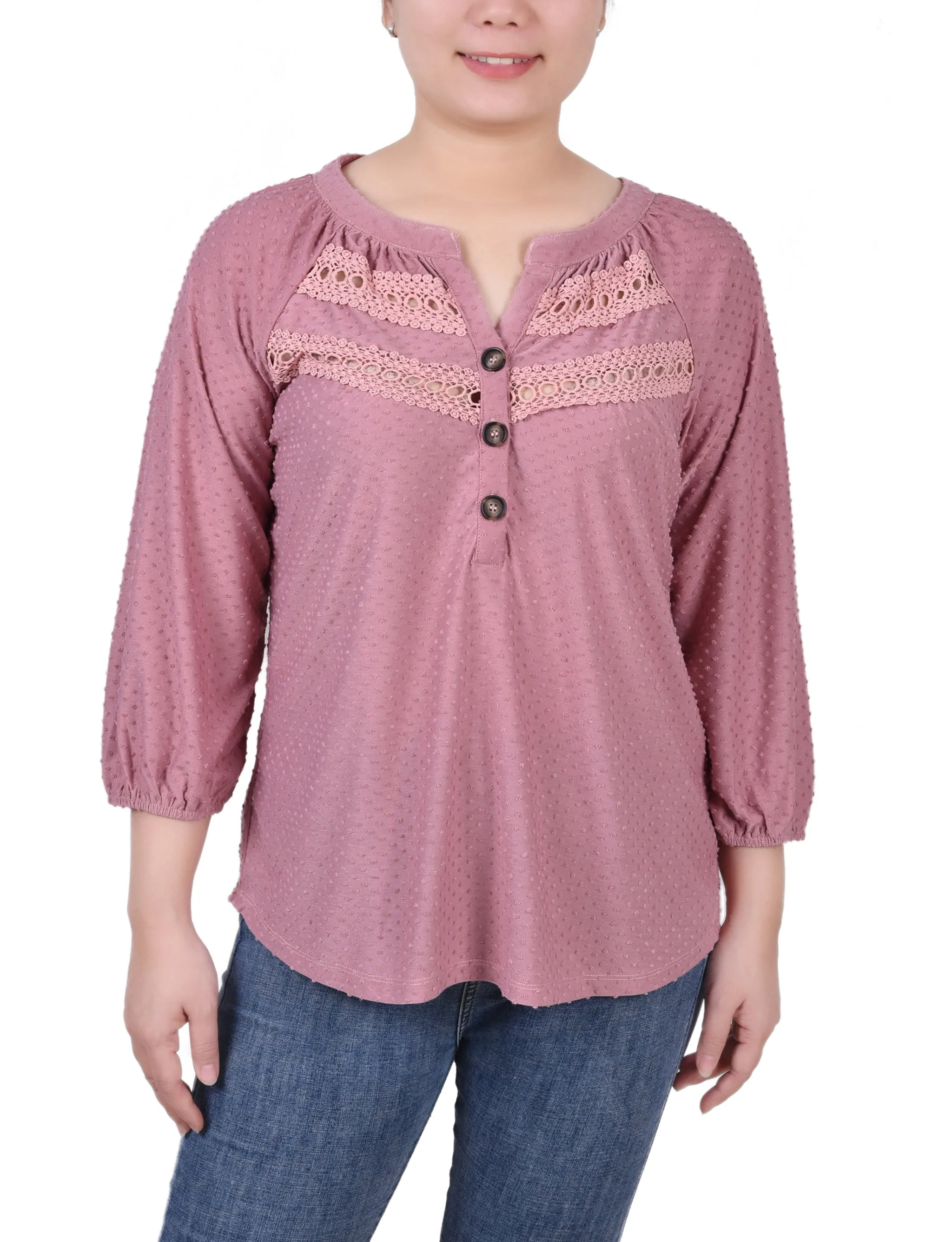 LayeredCuff EcoDyeProcess Petite 3/4 Sleeve Swiss Dot Top