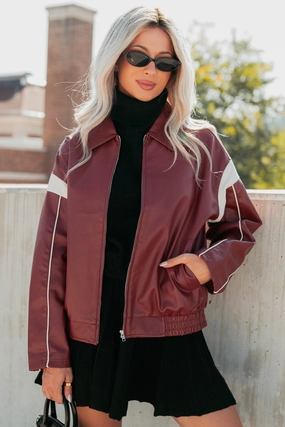 Future Forward Faux Leather Racer Jacket (Burgundy) Hiking Style