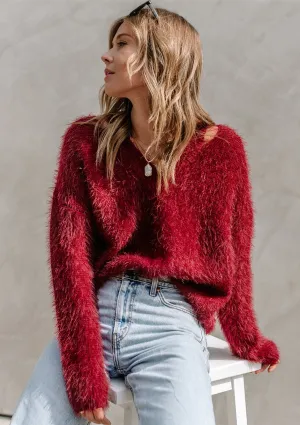 Fuzzy V Neck Pullover Sweater