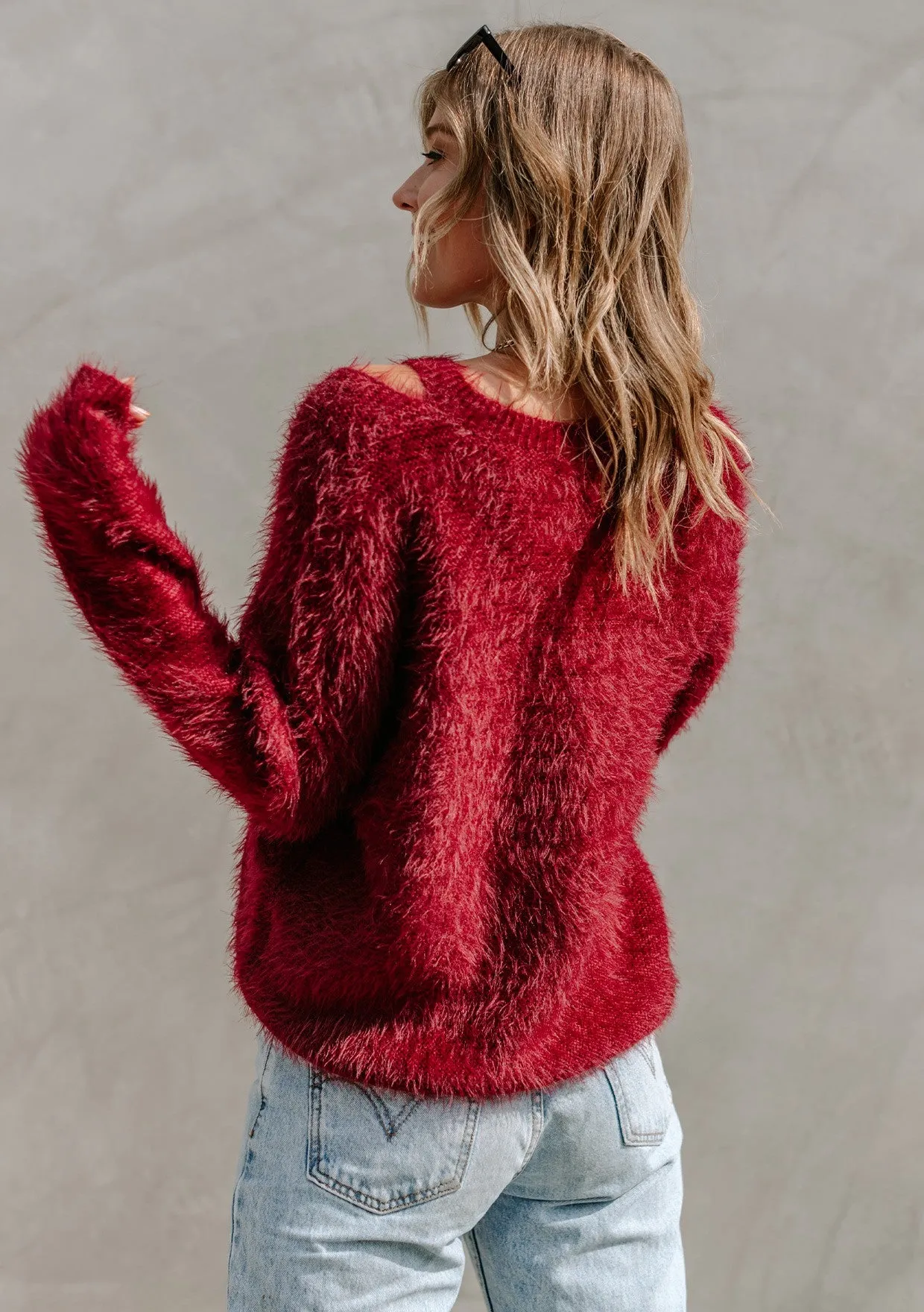 Fuzzy V Neck Pullover Sweater