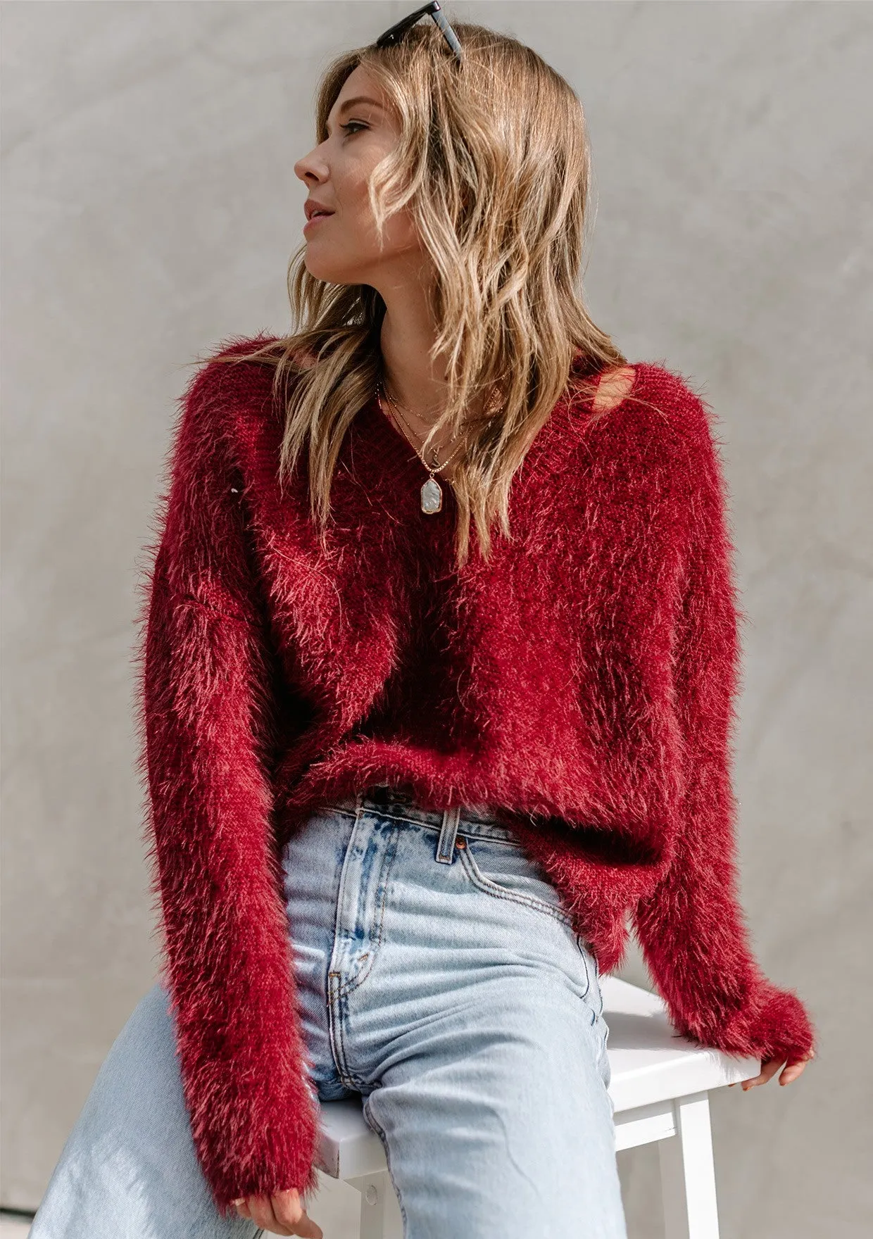 Fuzzy V Neck Pullover Sweater