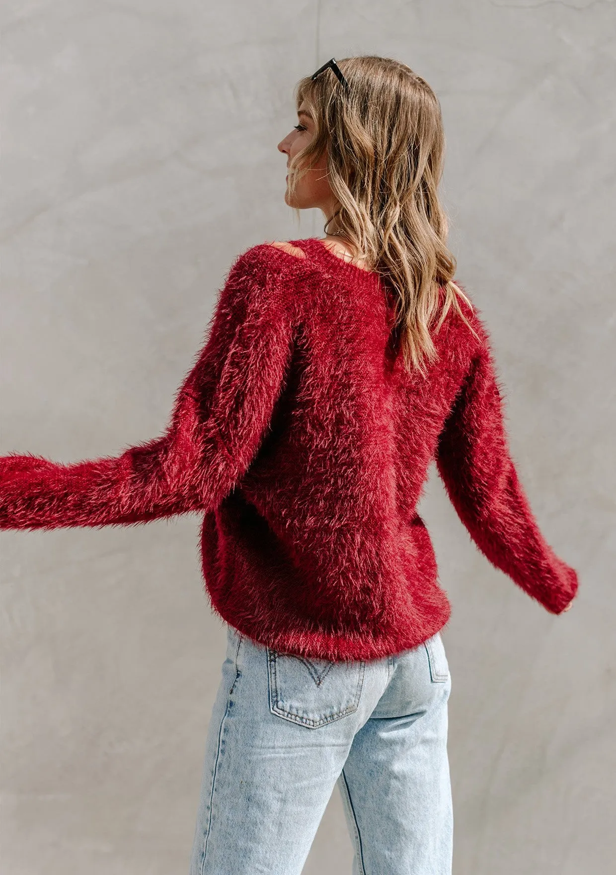 Fuzzy V Neck Pullover Sweater