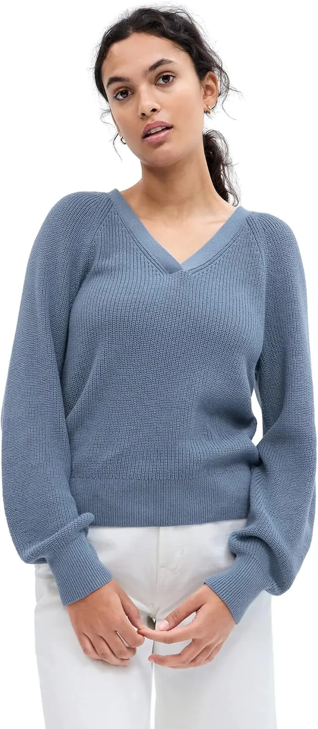 GAP Women's Ribbed Volume Sleeve Vneck Sweater
