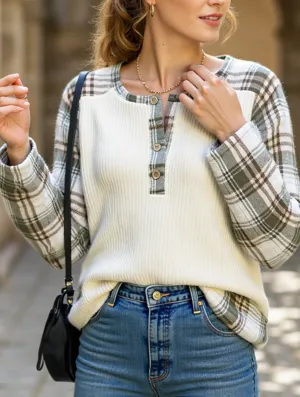 PLAID PATCHWORK LONG-SLEEVED CREW NECK T-SHIRT MultiFunctionalPockets FlatlockSeams