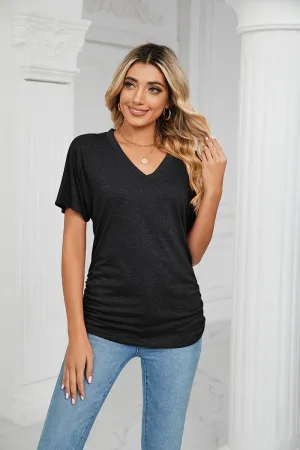 Contoured Armhole Design SOLID V NECK SHORT SLEEVE LOOSE TEES