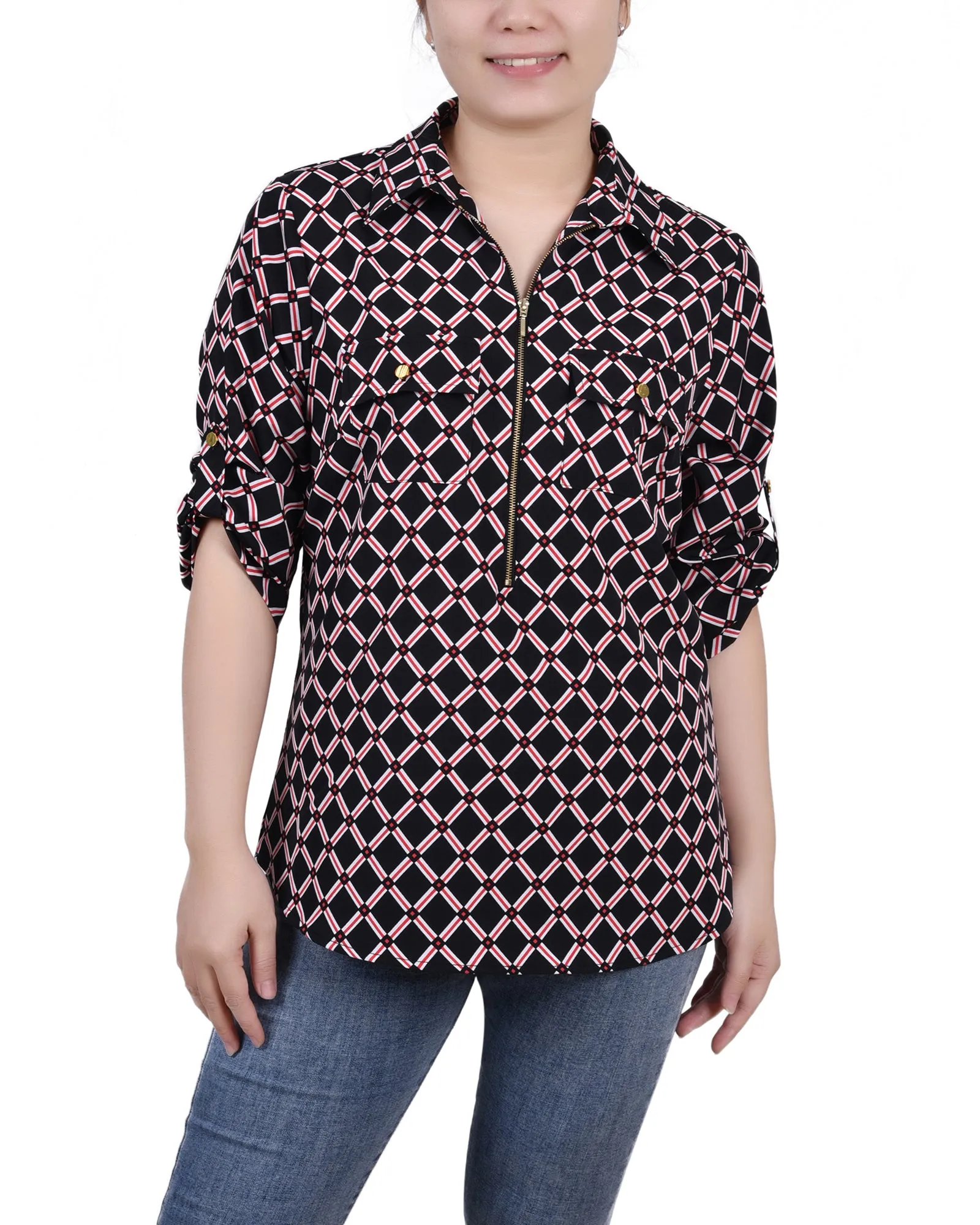 Petite 3/4 Roll Tab Sleeve Zip Front Top LongSleeve