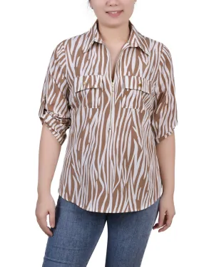 Petite 3/4 Roll Tab Sleeve Zip Front Top UltraSoft Lining