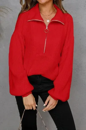 Tear Resistant Weave ButtonDownCollar WOMENS HALF ZIP UP CASUAL SWEATER
