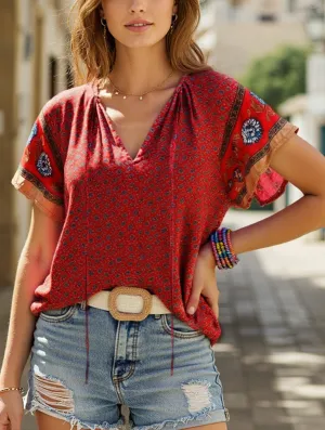 StaticResistantFabric HeatRegulating Clan Style Printed V-Neck Loose Fit Short Sleeve Shirt ??Women??s Casual Summer Top
