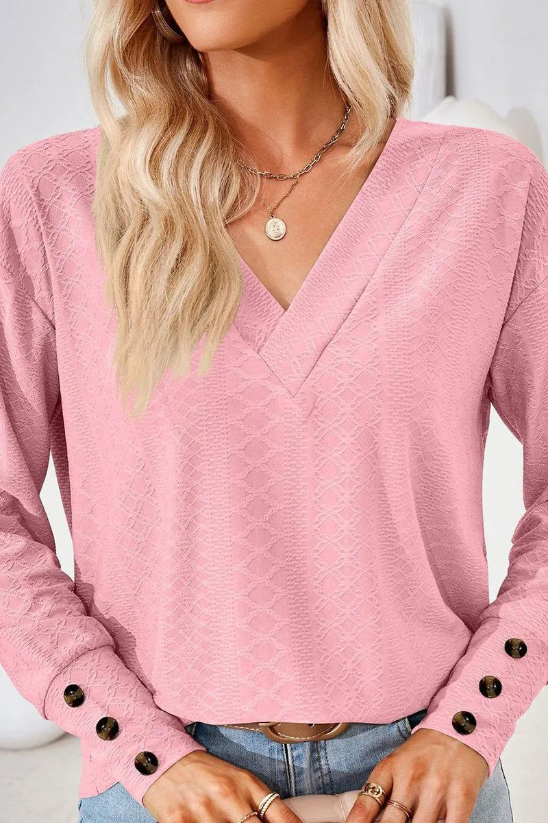 WOMEN V NECK BUTTONED CUFF LOOSE FIT BLOUSE RibbedTrim LowImpact Manufacturing