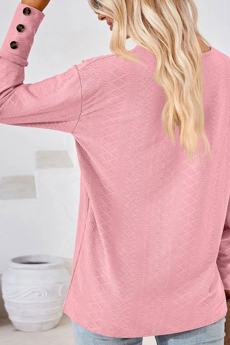 WOMEN V NECK BUTTONED CUFF LOOSE FIT BLOUSE PlacketDetail