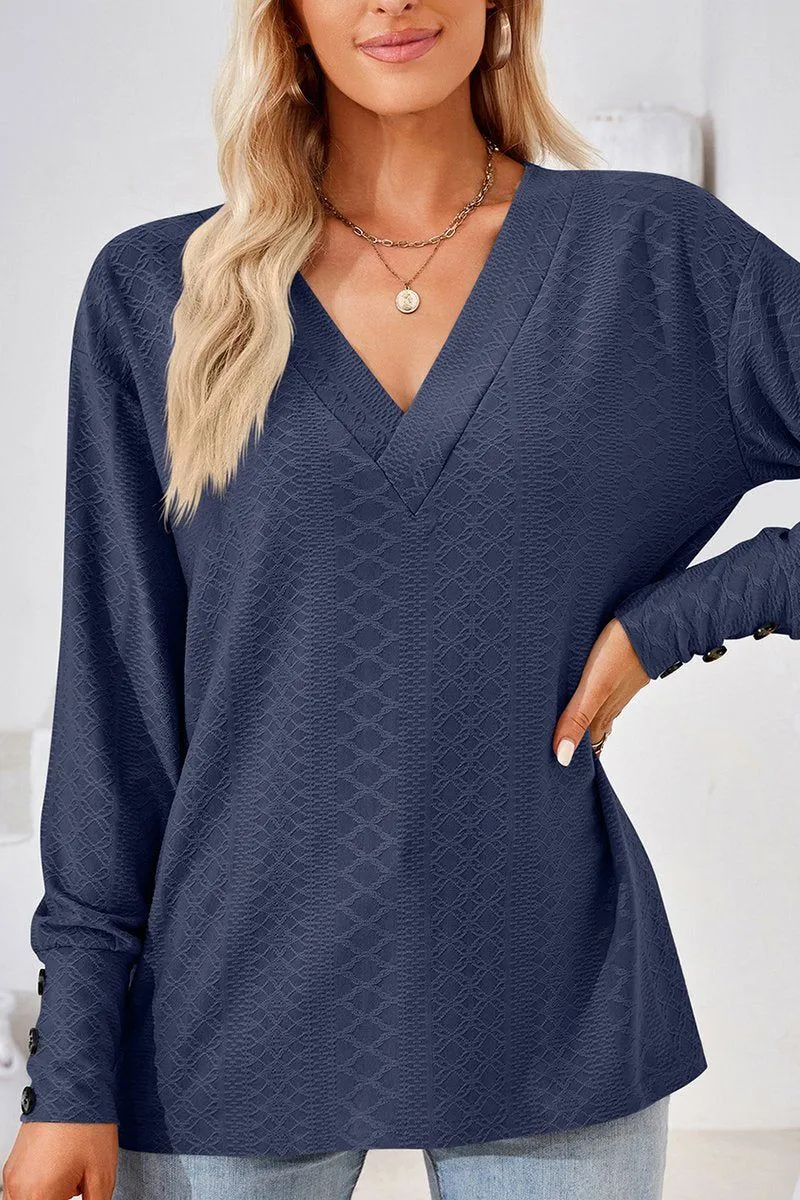 WOMEN V NECK BUTTONED CUFF LOOSE FIT BLOUSE Moisture Management