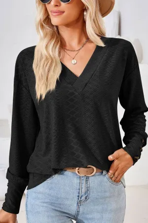 WOMEN V NECK BUTTONED CUFF LOOSE FIT BLOUSE Quick Dry Fabric Summer Sweater