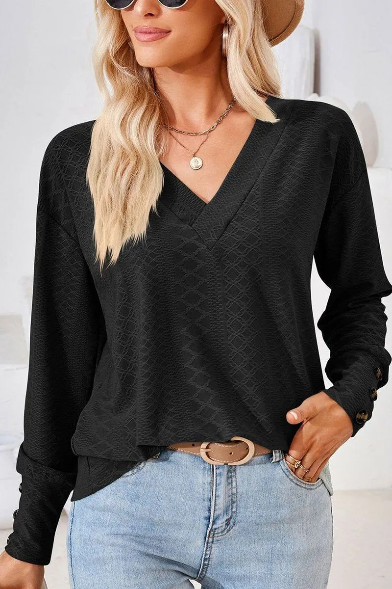 WOMEN V NECK BUTTONED CUFF LOOSE FIT BLOUSE Quick Dry Fabric Summer Sweater