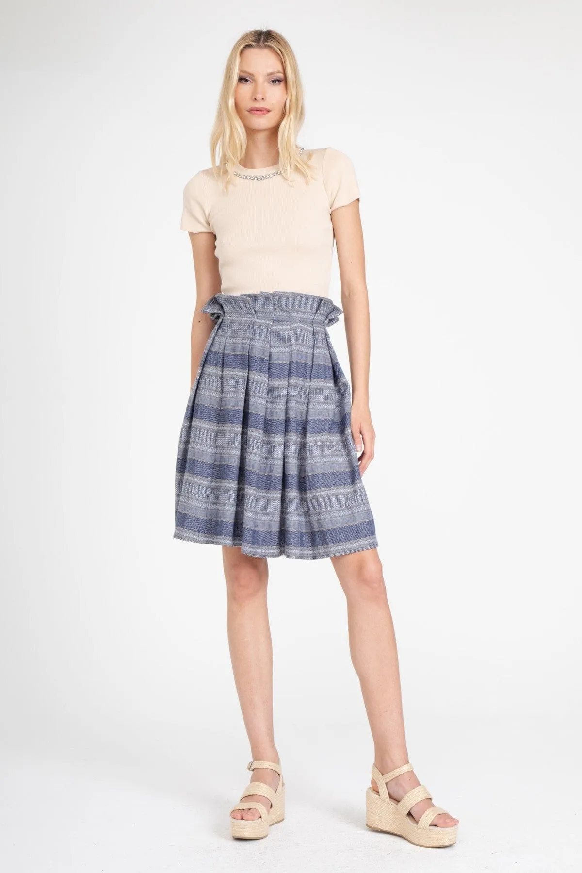 Convertible Length Non Irritating Seams Maddie Skirt ?C Denim Linen Stripe