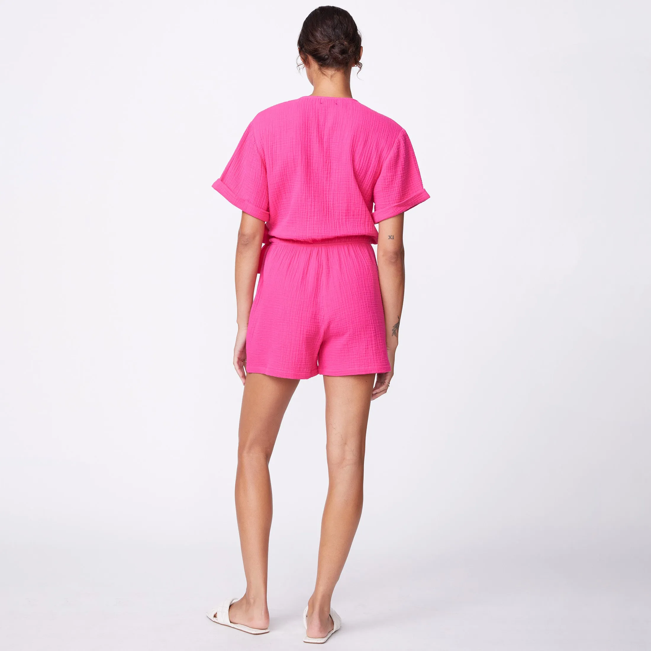 Gauze Wrap Romper Adjustable Hem Cuff