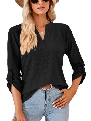 THREE QUARTER SLEEVE V NECK TOP Non Restrictive Collar