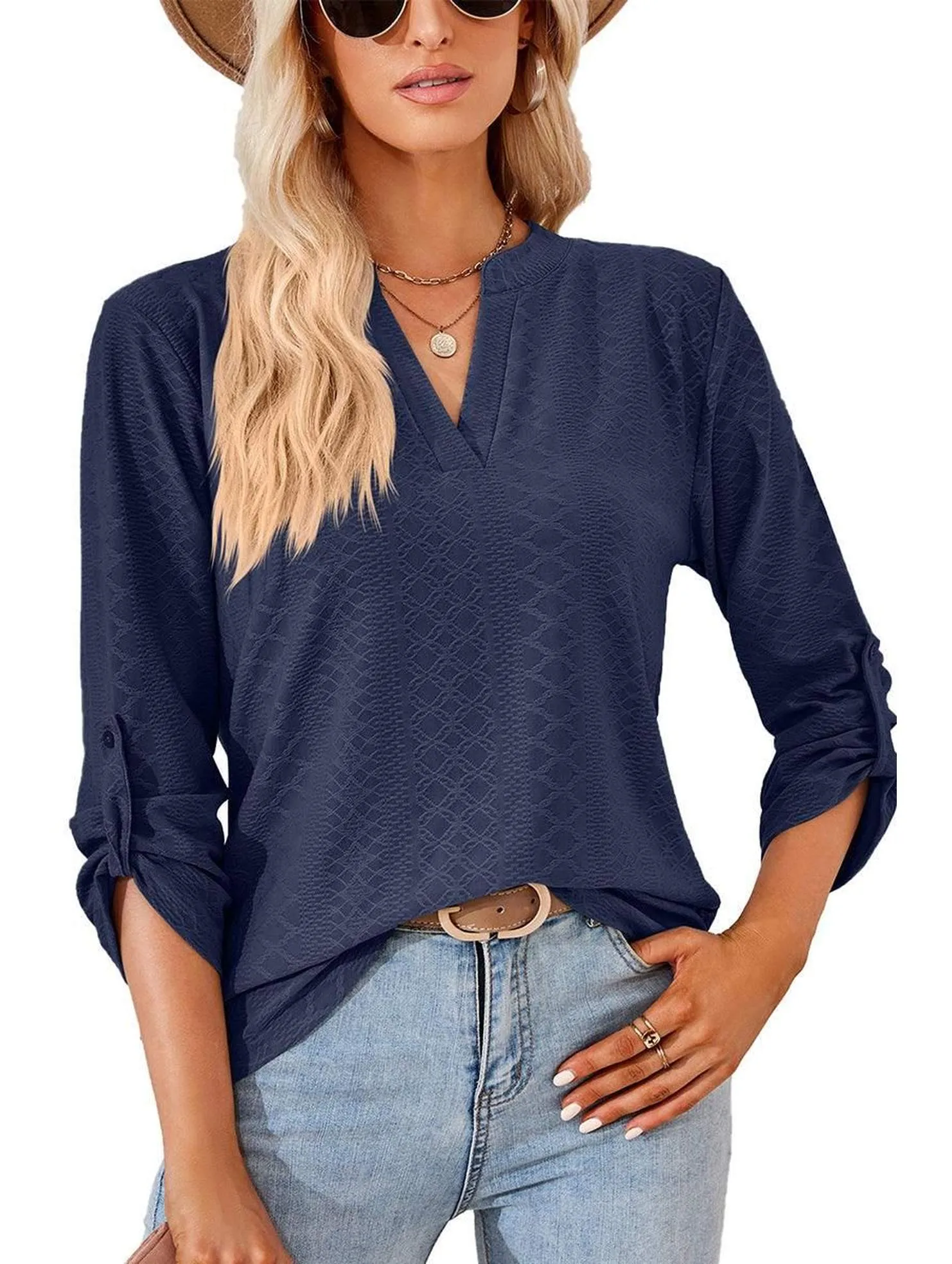 THREE QUARTER SLEEVE V NECK TOP Bound Seam Edges SecurePockets