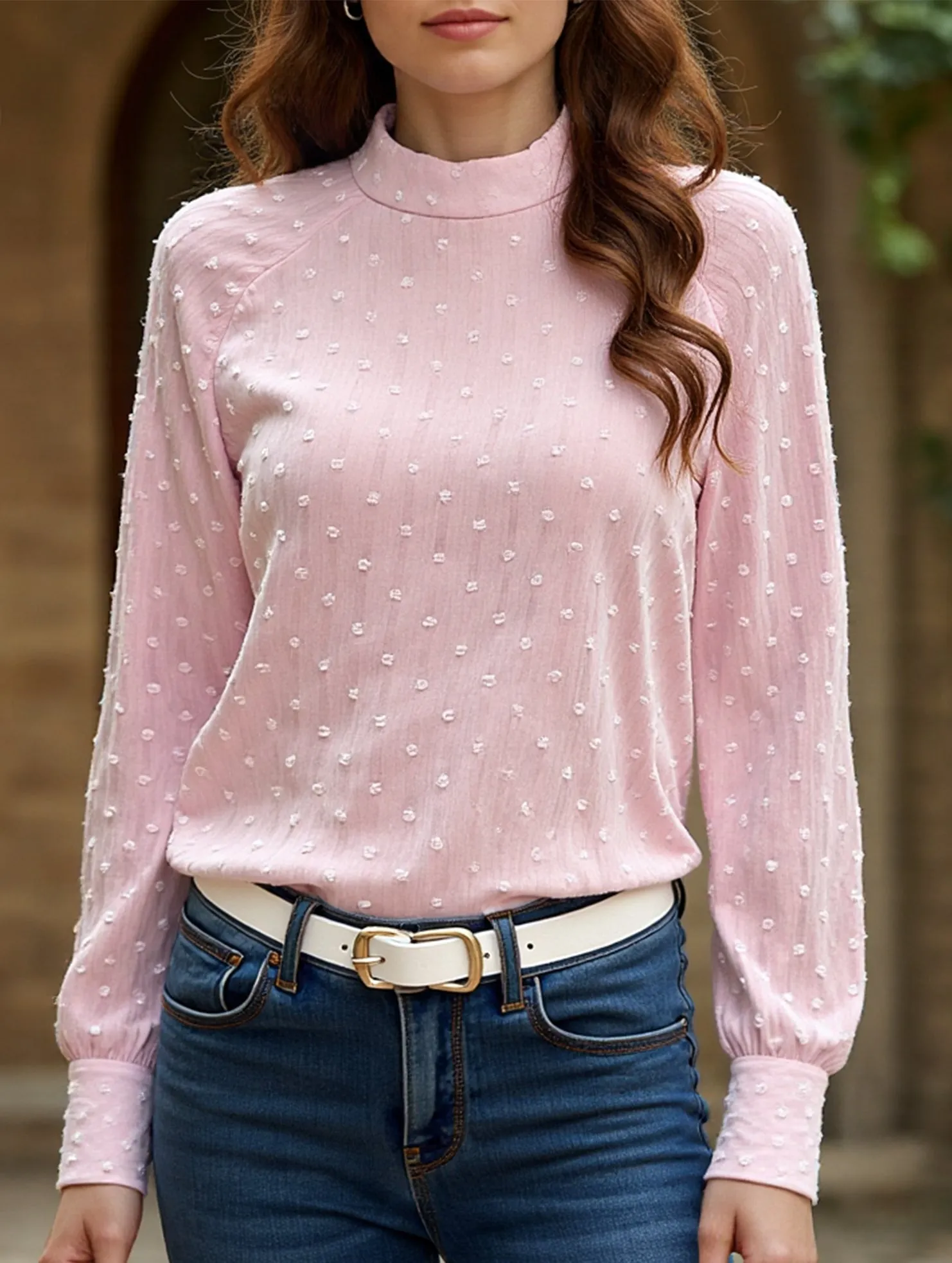 Petal Sleeve Architecture FadeResistant Gentle Style Pink Polka Dot Long Sleeve Sheer Top