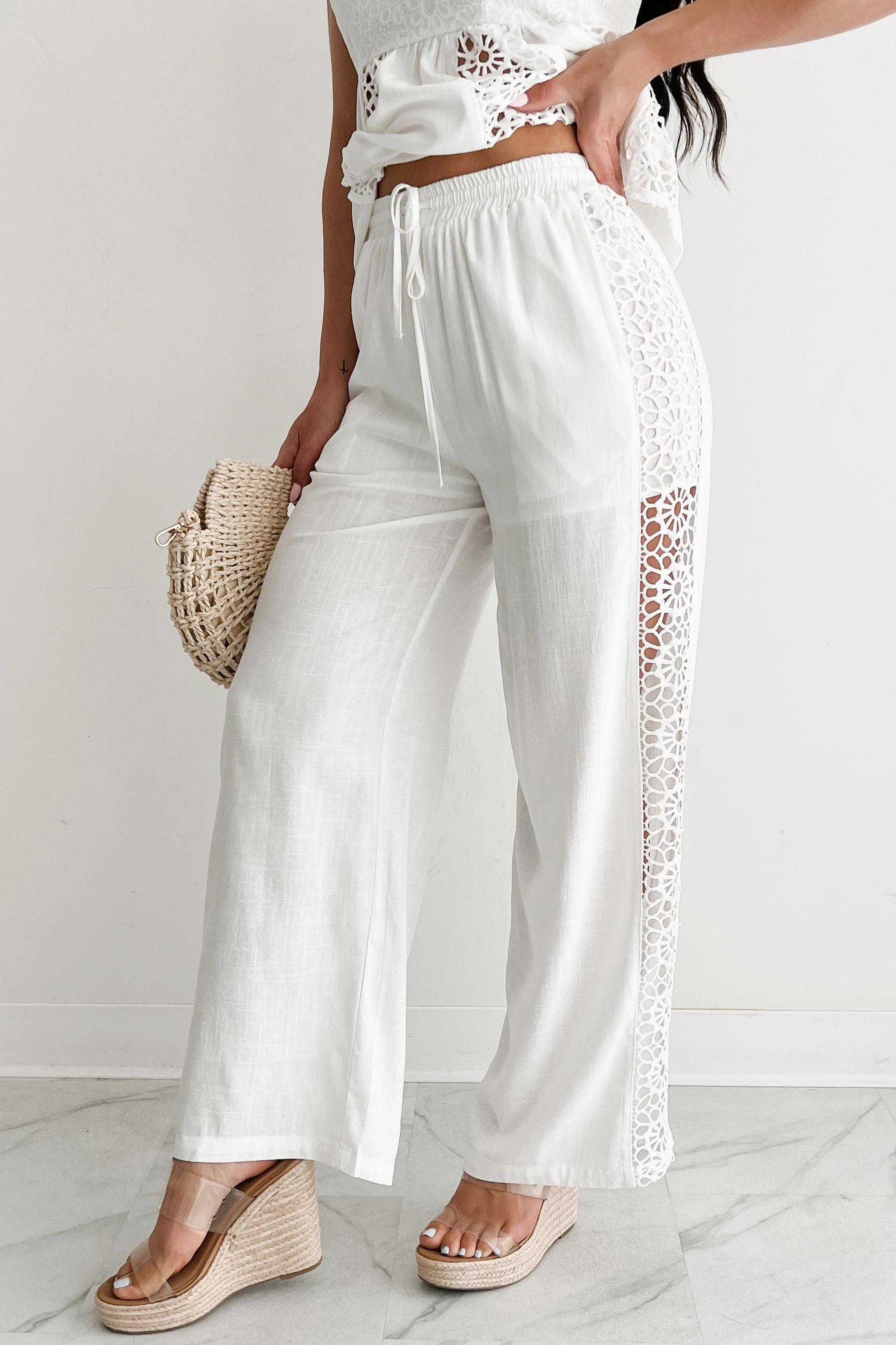 Gentle & Genuine Linen Crochet Wide Leg Pants (White) Active Design Wear