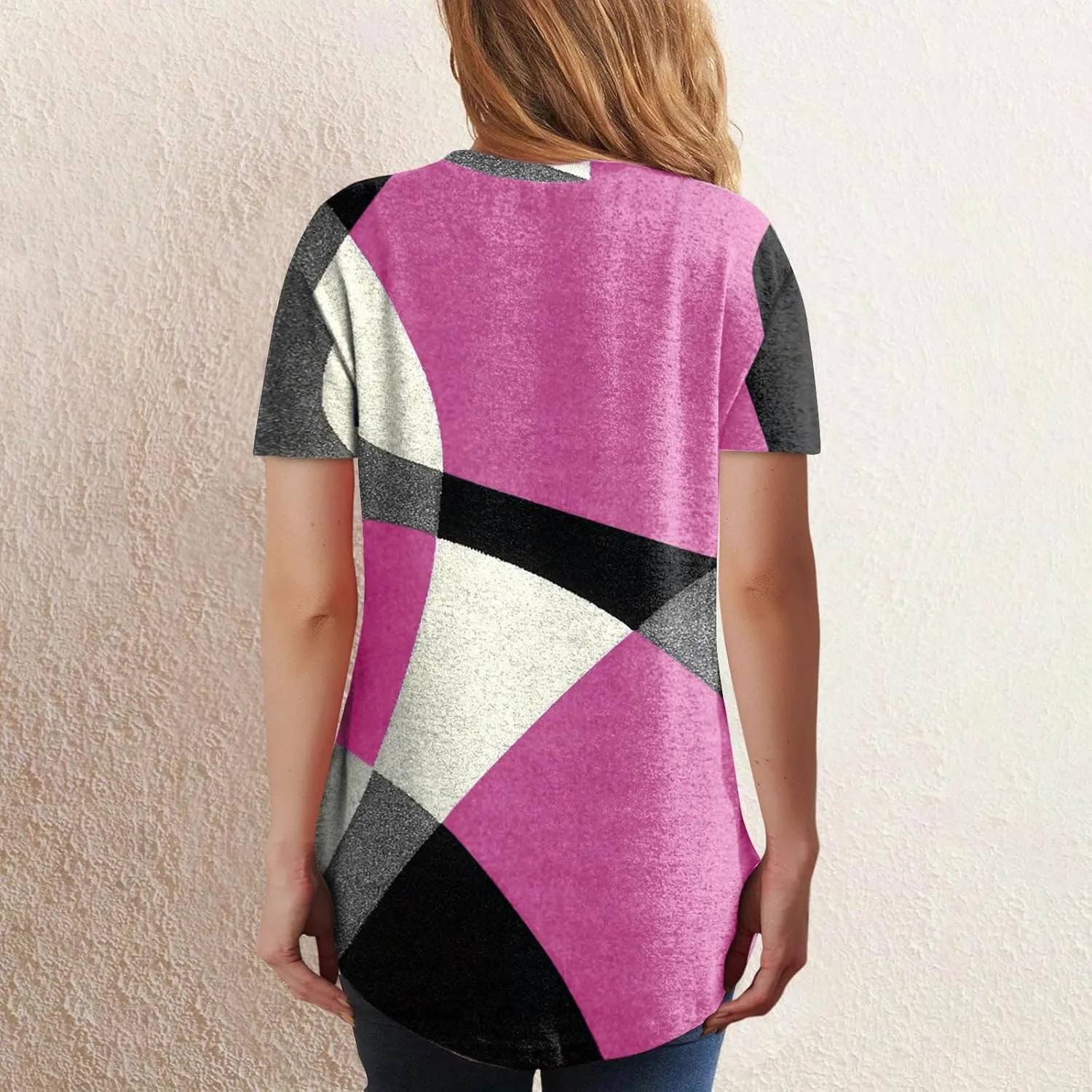 Geometric Shirts for Women Color Block Short Sleeve Top V Neck Soft T Shirts Summer Trendy Shirts Slim Fit Pullover