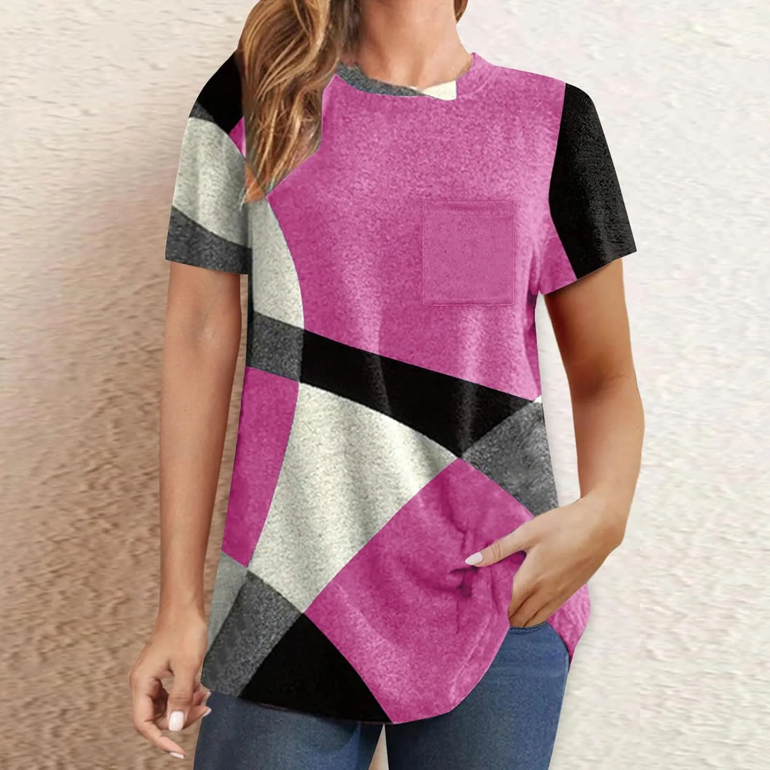 Geometric Shirts for Women Color Block Short Sleeve Top V Neck Soft T Shirts Summer Trendy Shirts Slim Fit Pullover