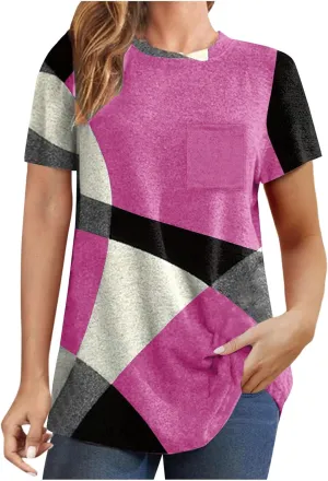 Geometric Shirts for Women Color Block Short Sleeve Top V Neck Soft T Shirts Summer Trendy Shirts Slim Fit Pullover