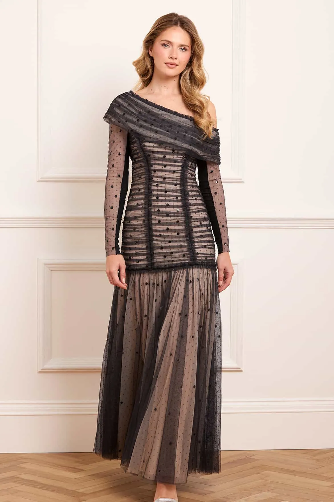 Date-Night Night Vibes Gigi Dot One-Shoulder Rouched Gown