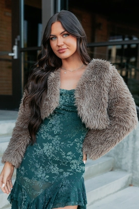 Gilded Touch Faux Fur Long Sleeve Crop Jacket (Cocoa) Clock