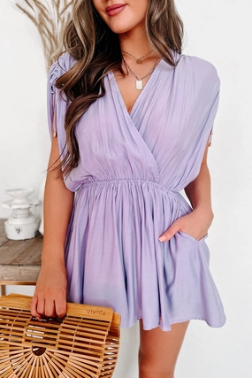Girl Talk Ruched Shoulder Surplice Romper (Lavender) Summer Polo PolyesterBlend