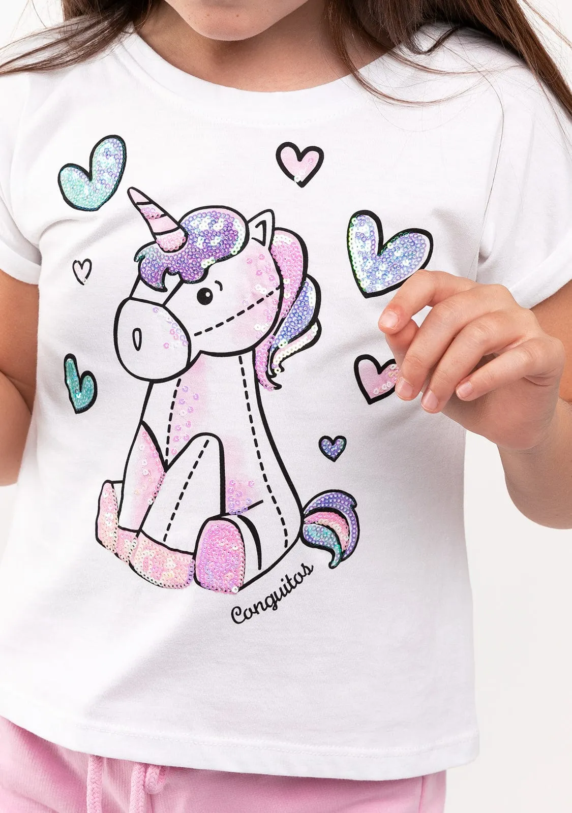 Girl's White Unicorn Sequins T-shirt