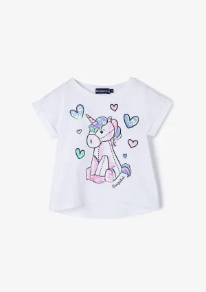 Girl's White Unicorn Sequins T-shirt