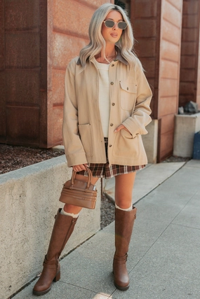 Hustle Habits Leather Collared Denim Jacket (Sand) afternoon