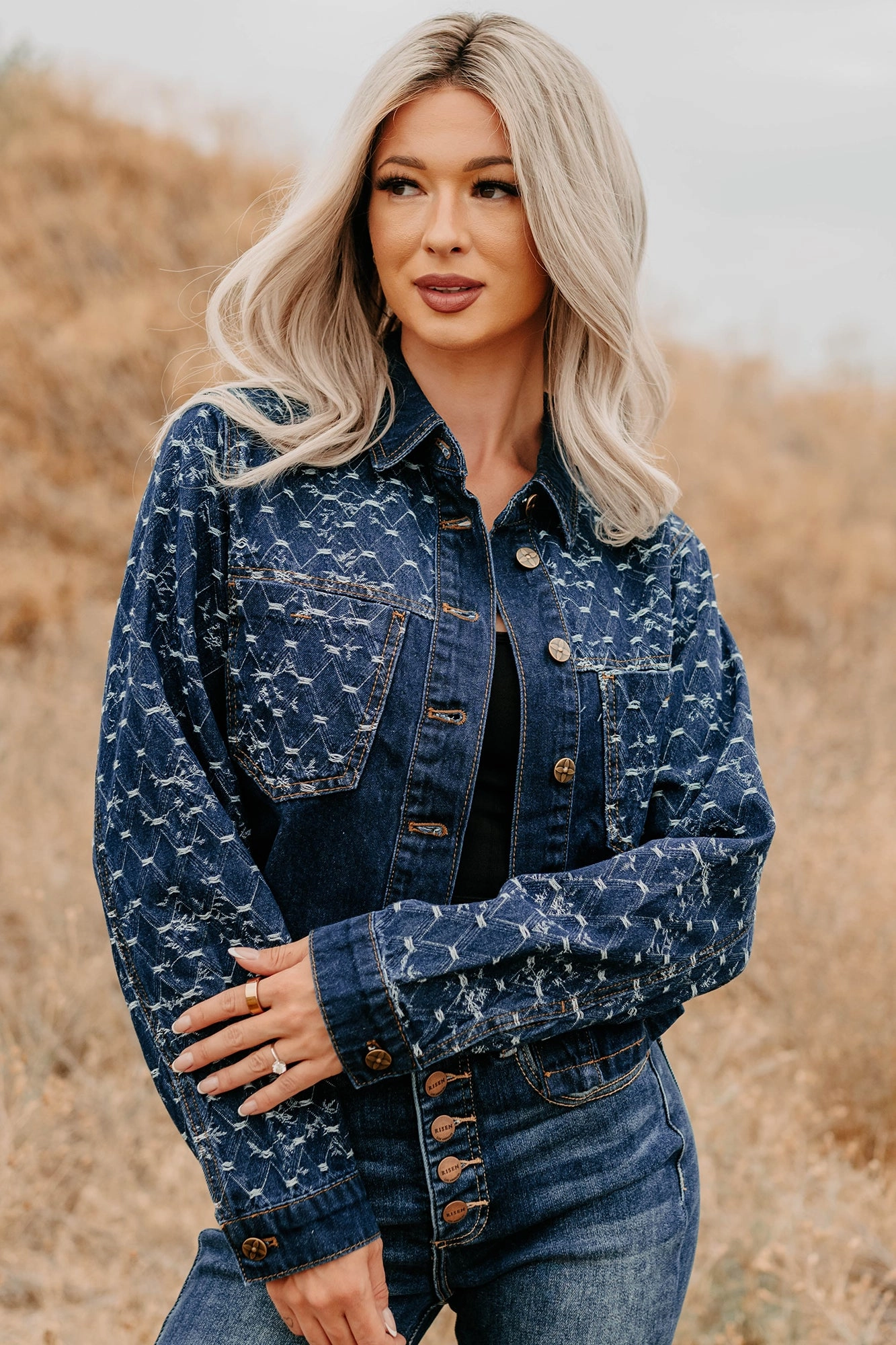 Say Less Do More Patterned Denim Jacket (Dark) Cold Weather Jacket