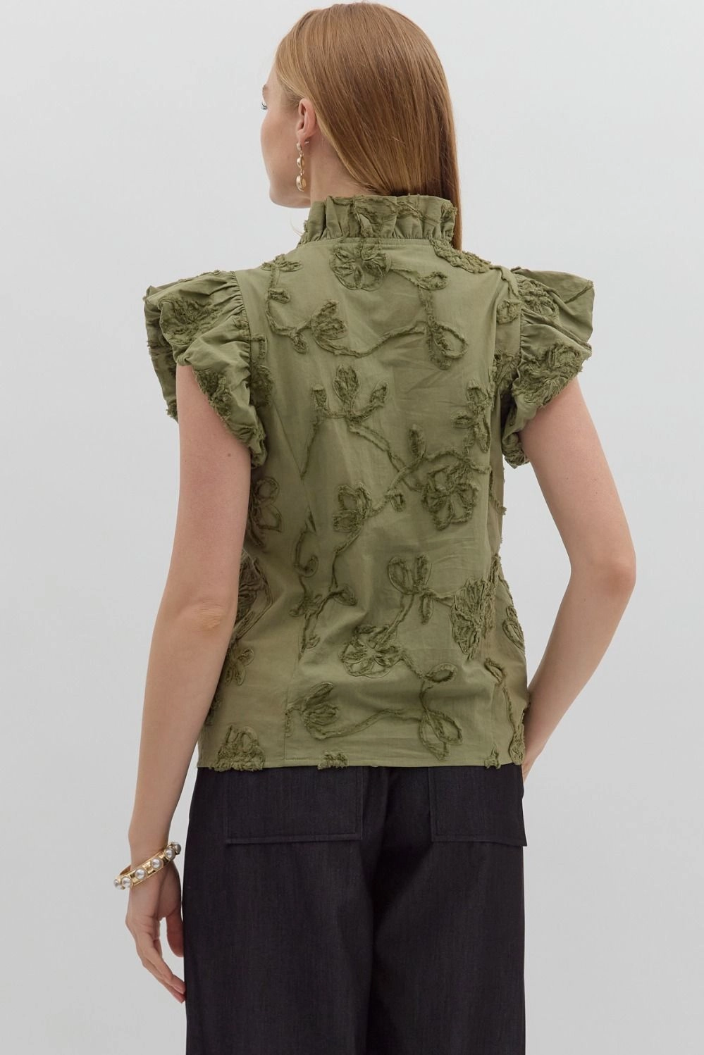 Going Right Top in Olive FadeResistant Dye Stretch Woven Material