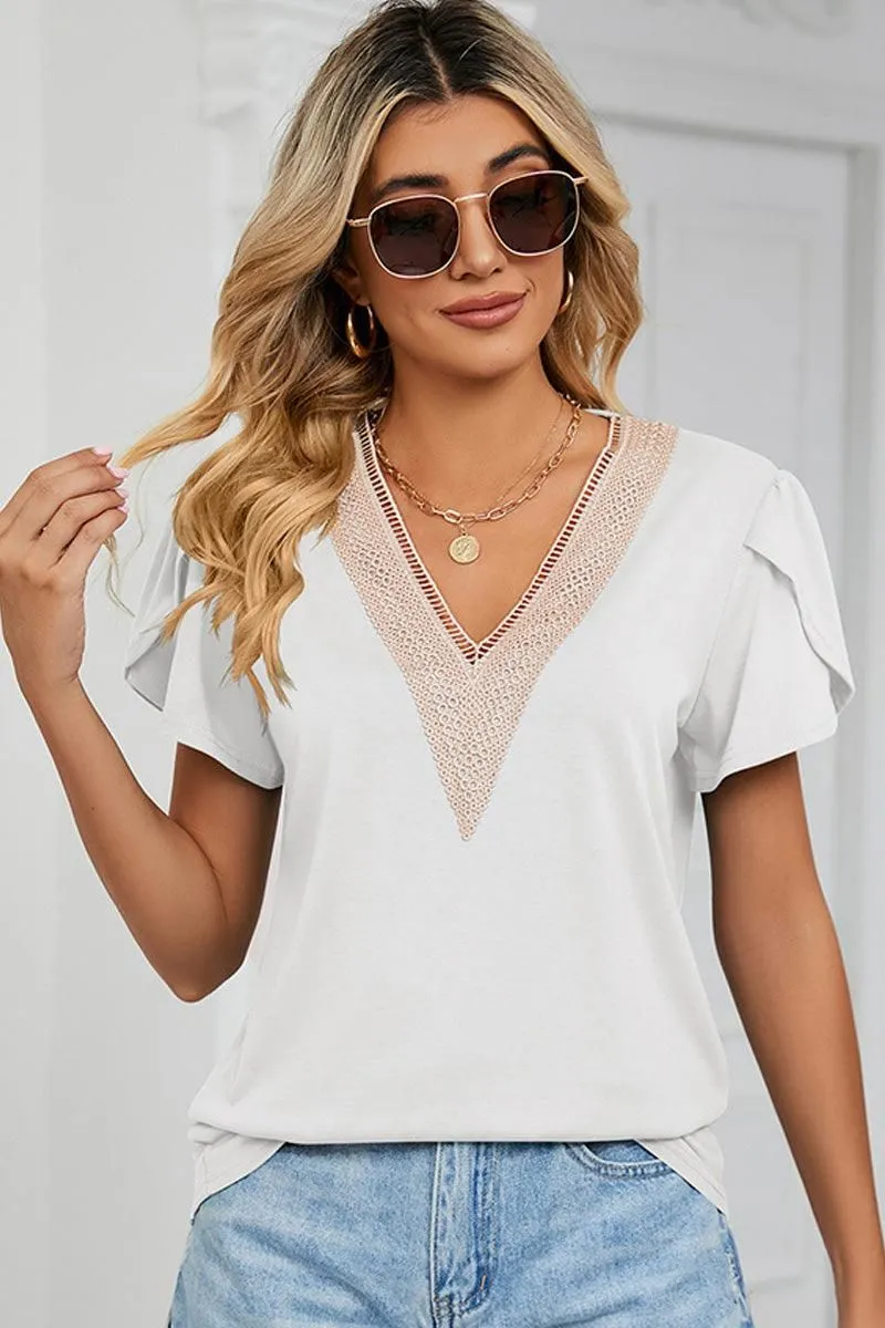 Simple Dress Breathable Tank GOLD LACE V NECK RUFFLE SHORT SLEEVE TOP
