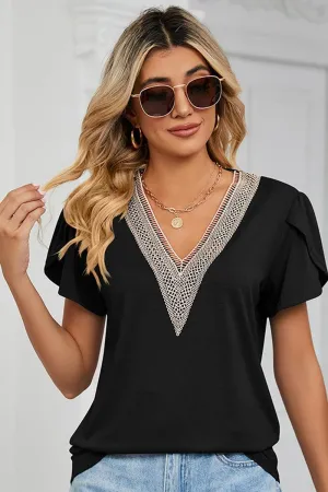 Comfy Fit Biodegradable material GOLD LACE V NECK RUFFLE SHORT SLEEVE TOP