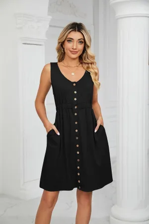 SLEEVELESS BUTTON POCKET SLIM WAIST DRESS Night Mood WideCollarDesign